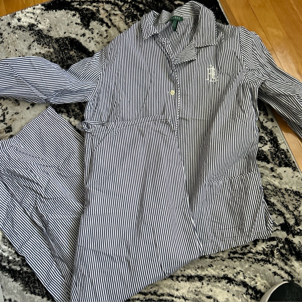 Lauren Ralph Lauren Stripped Monogram Logo  Blue Cotton Pajama Set size L